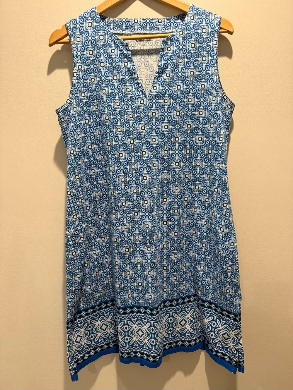 Lands' End Blue and White Sleeveless V-Notch Midi Dress